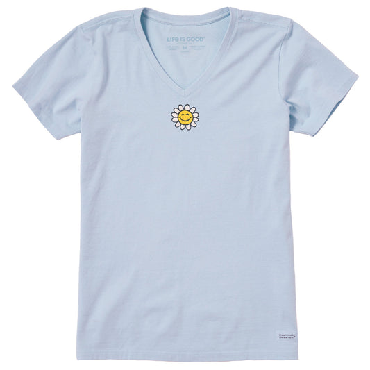 Women's Embroidered Smile Daisy Short Sleeve Crusher Vee