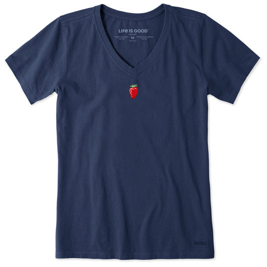 Women's Embroidered Strawberry Short Sleeve Crusher Vee