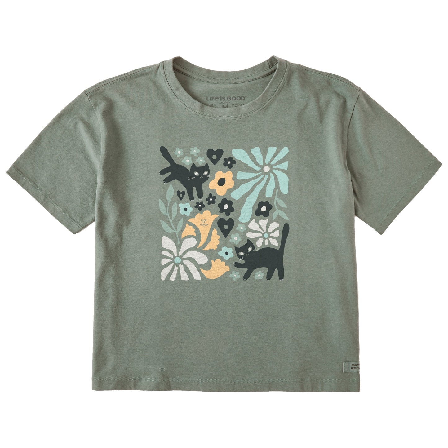 Women's Cats in Flower Field Short Sleeve Crusher Boxy Tee