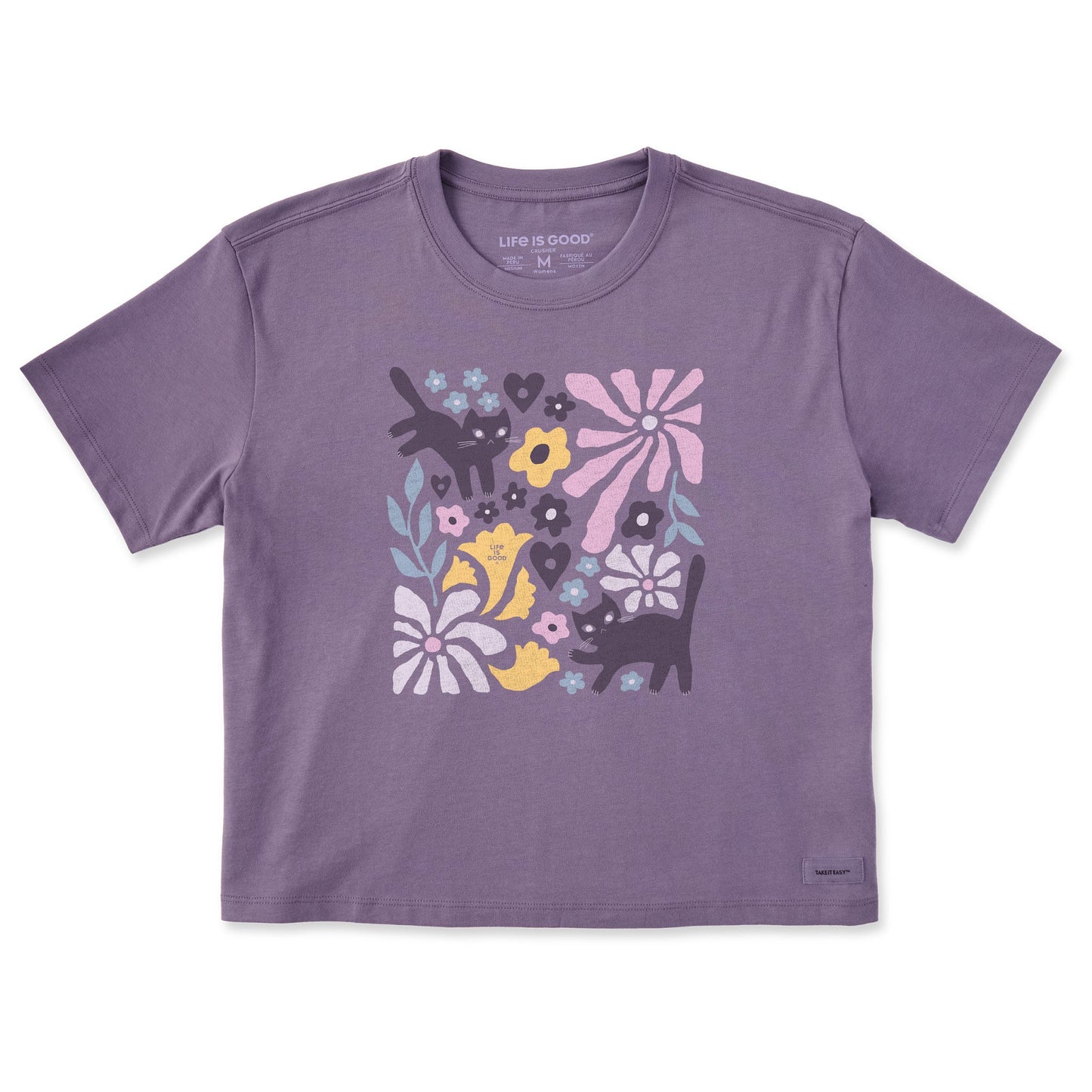 Women's Cats in Flower Field Short Sleeve Crusher Boxy Tee