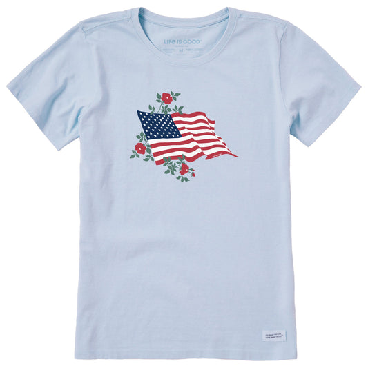 Women's Red Rose American Flag Short Sleeve Crusher Tee