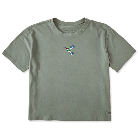 Women's Embroidered Hummingbird Short Sleeve Crusher Boxy Tee