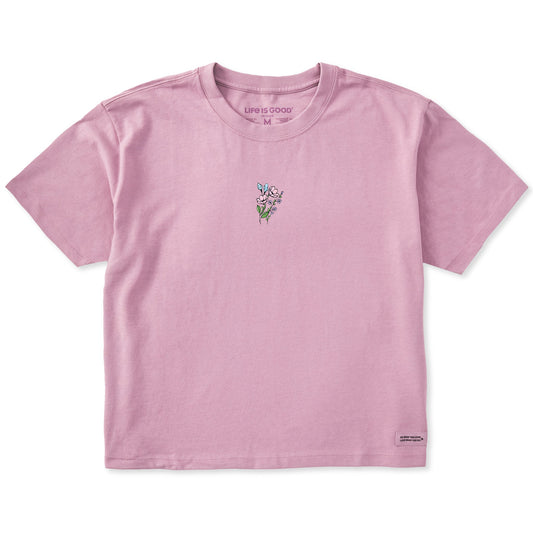 Women's Embroidered Wildflower Bouquet Short Sleeve Crusher Boxy Tee