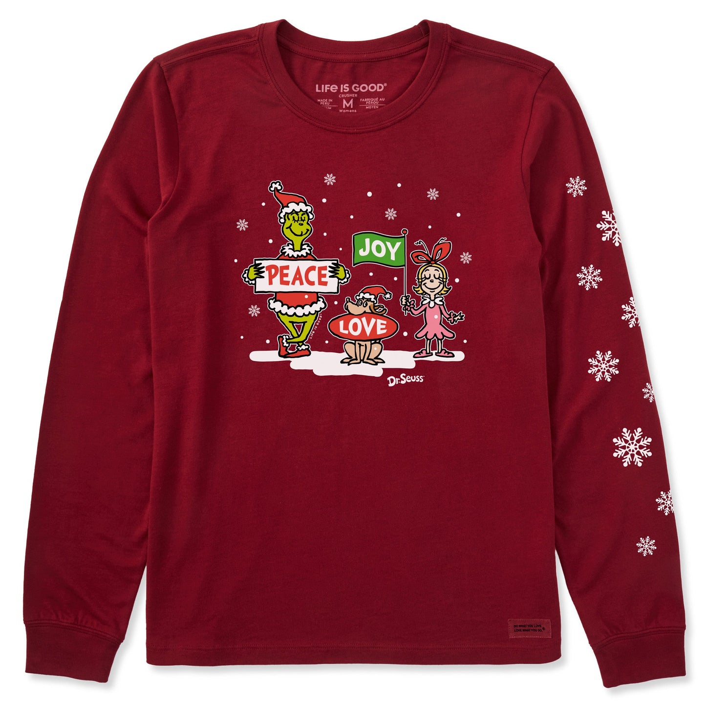 Women's Grinch Peace Love Joy Snow Long Sleeve Crusher Tee