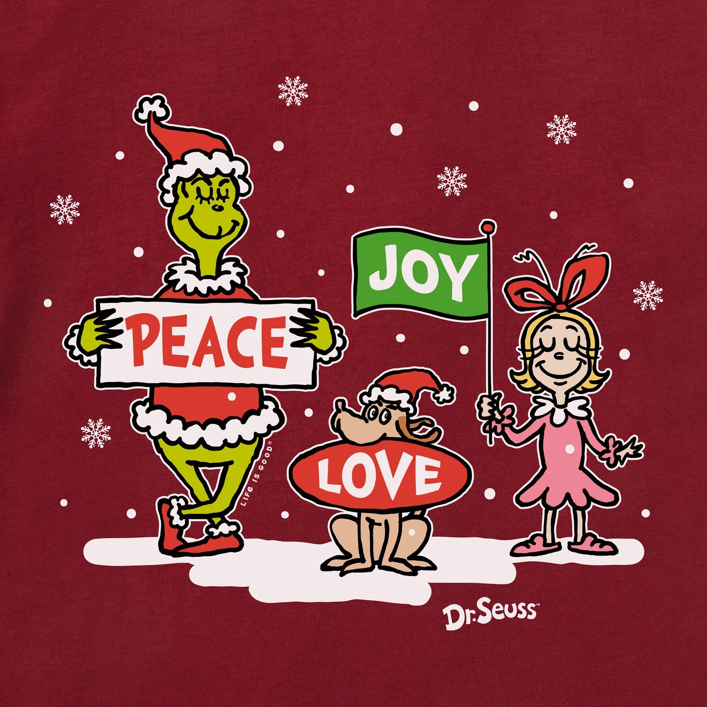 Women's Grinch Peace Love Joy Snow Long Sleeve Crusher Tee