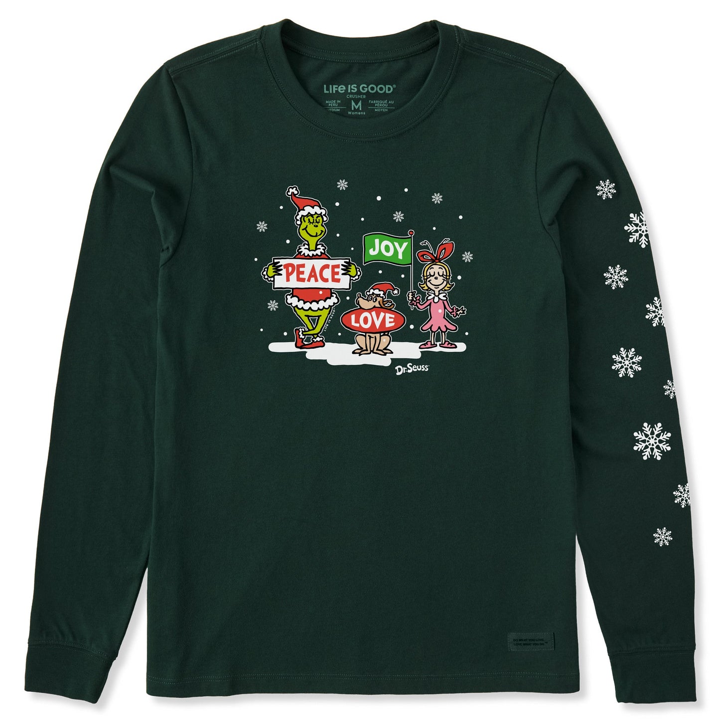 Women's Grinch Peace Love Joy Snow Long Sleeve Crusher Tee