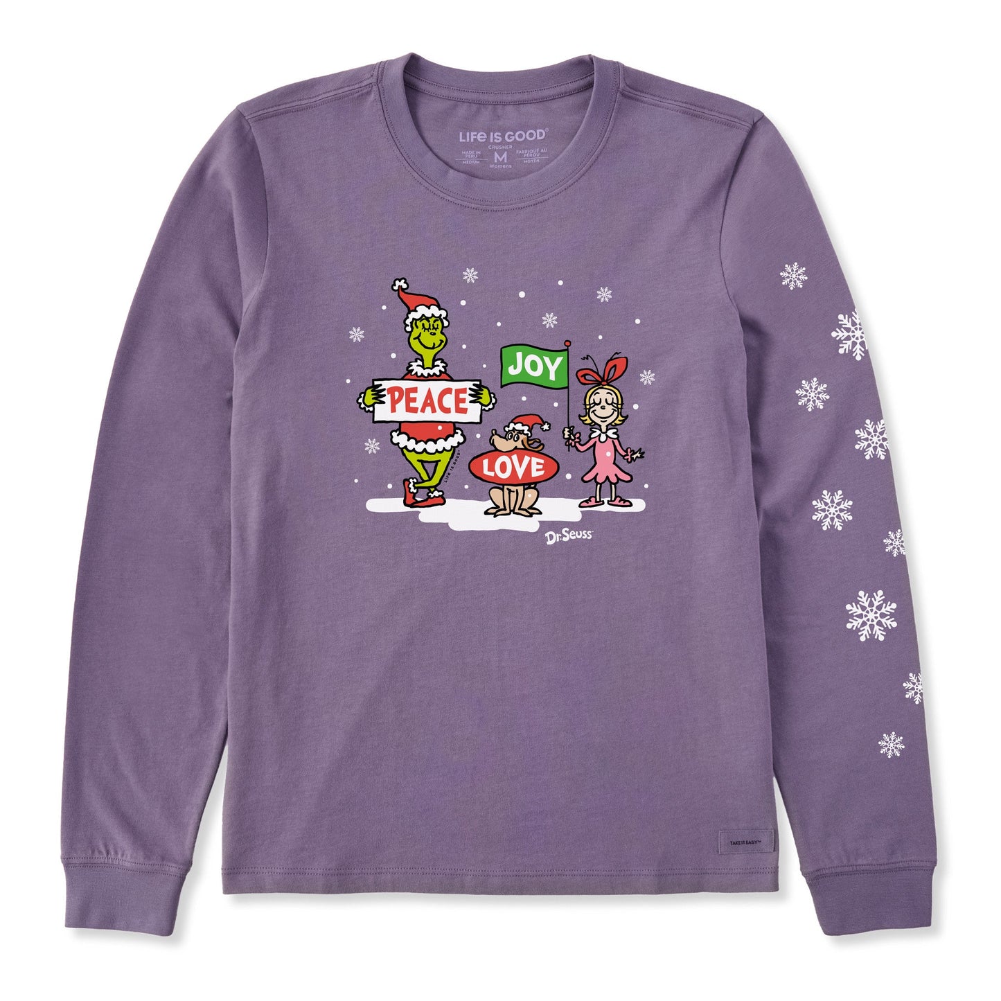 Women's Grinch Peace Love Joy Snow Long Sleeve Crusher Tee