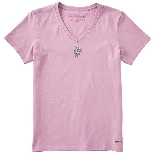 Women's Embroidered Wildflower Bouquet Short Sleeve Crusher Vee