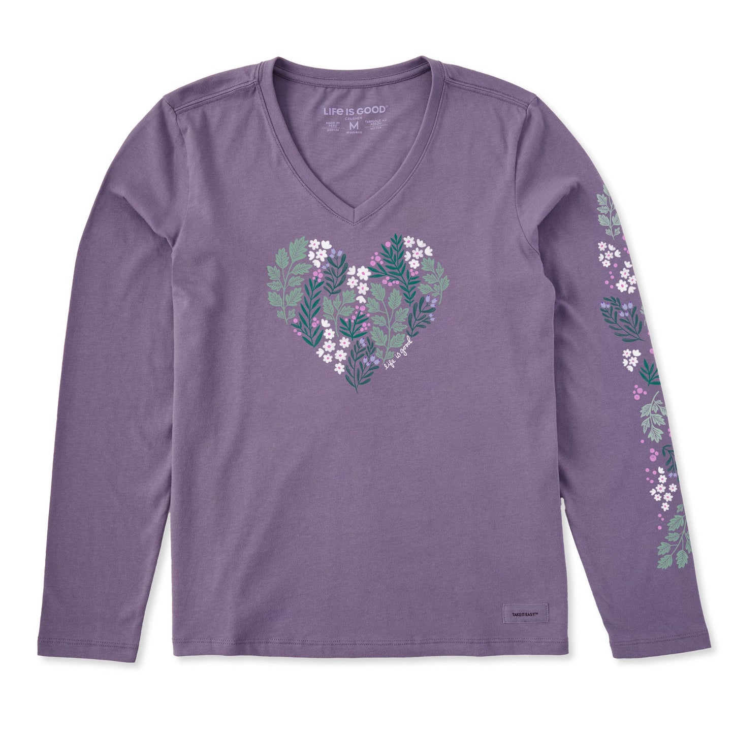 Women's Winter Flowers Heart Long Sleeve Crusher Vee