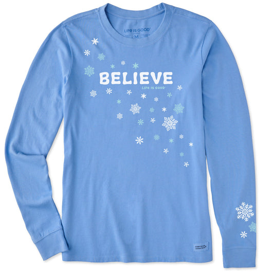 Women's Believe Falling Snowflakes Long Sleeve Crusher Tee