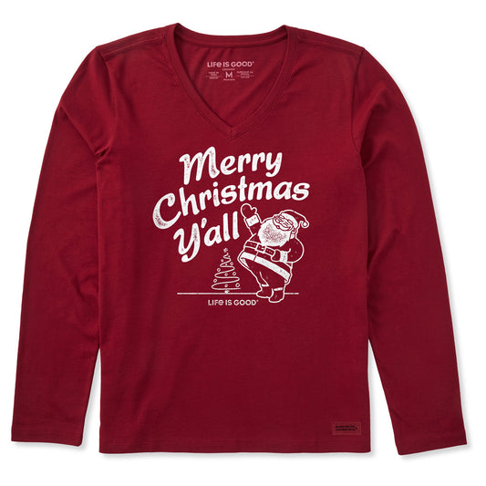 Women's Santa Merry Christmas Y'all Long Sleeve Crusher Vee