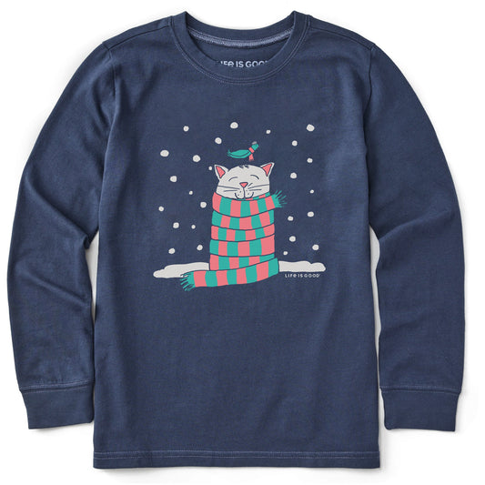 Kids Cozy Cat in the Snow Long Sleeve Crusher Tee