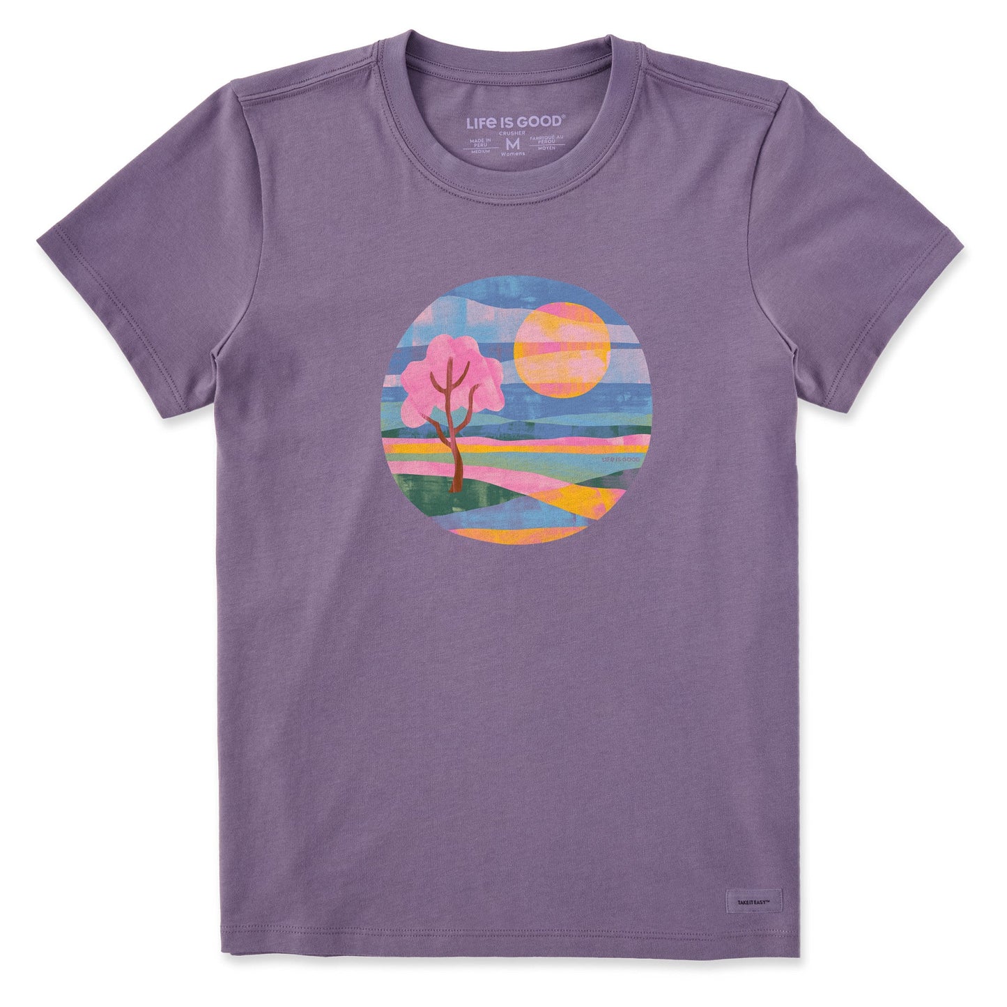 Women's Texture Circle Sun Tree Scenic Short Sleeve Crusher Tee