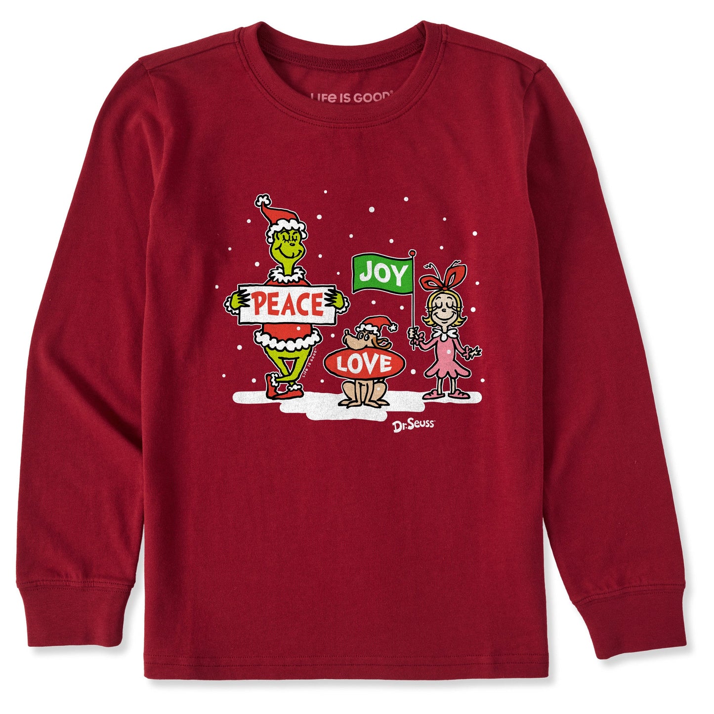 Kids Grinch Peace Love Joy Long Sleeve Crusher Tee