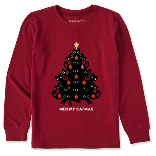 Kids Meowy Catmas Cat Christmas Tree Long Sleeve Crusher Tee