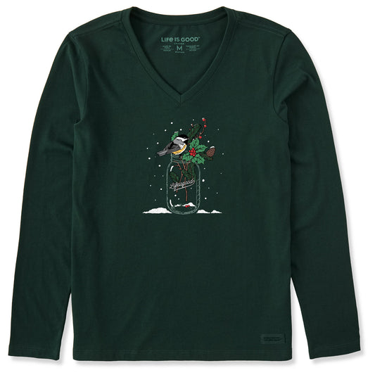 Women's Chickadee Holiday Jar Long Sleeve Crusher Vee