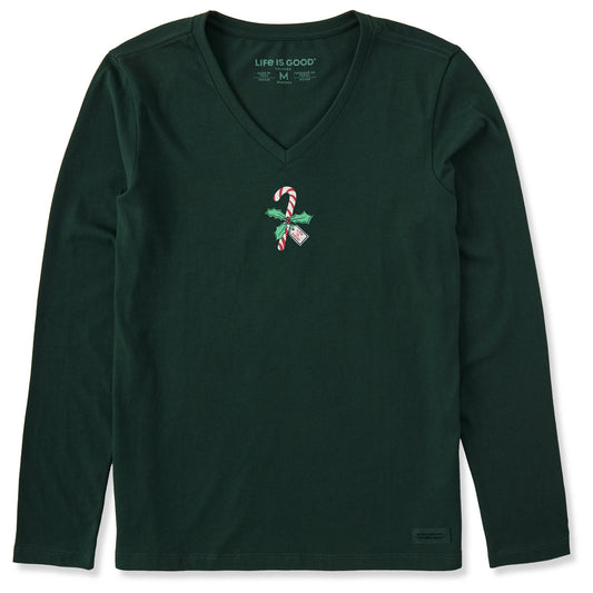 Women's Candy Cane Holly Long Sleeve Crusher Vee