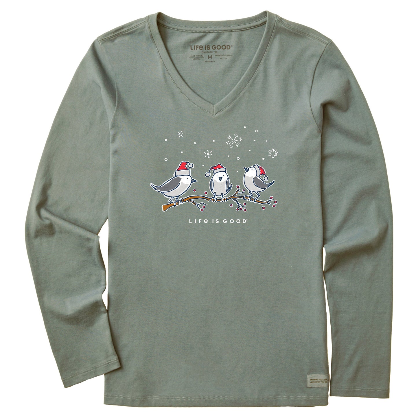 Women's Three Little Holiday Birds Long Sleeve Crusher Vee