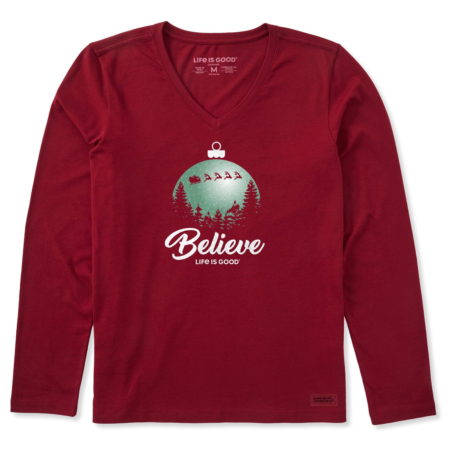 Women's Believe Santa Sleigh Long Sleeve Crusher Vee