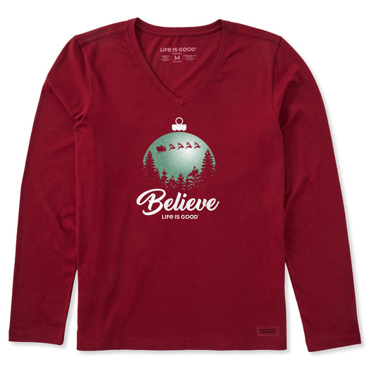 Women's Believe Santa Sleigh Long Sleeve Crusher Vee