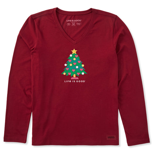 Women's Christmas Tree with Hearts Long Sleeve Crusher Vee