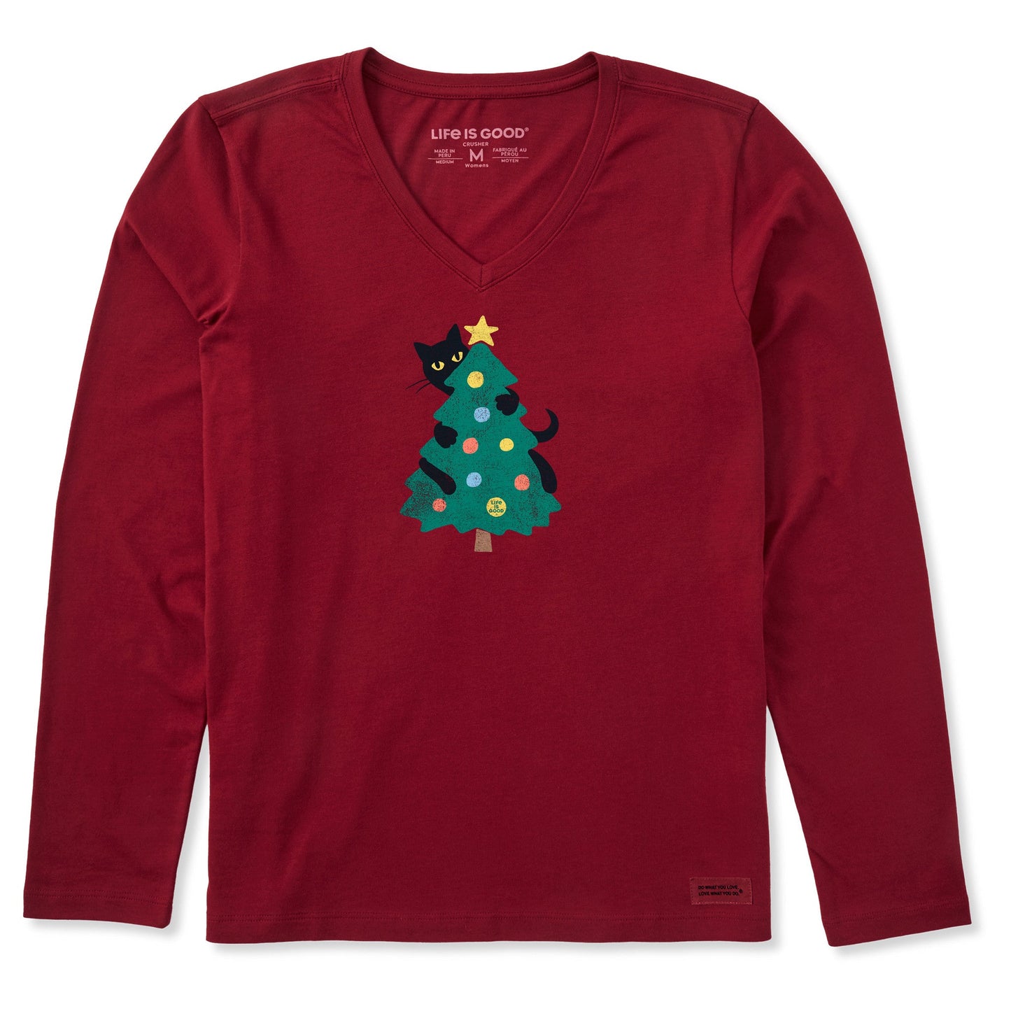 Women's Cat Christmas Tree Long Sleeve Crusher Vee
