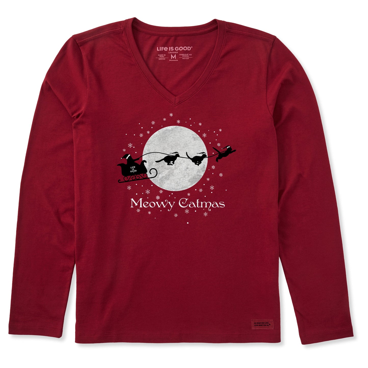 Women's Santa's Sleigh Cats Long Sleeve Crusher Vee