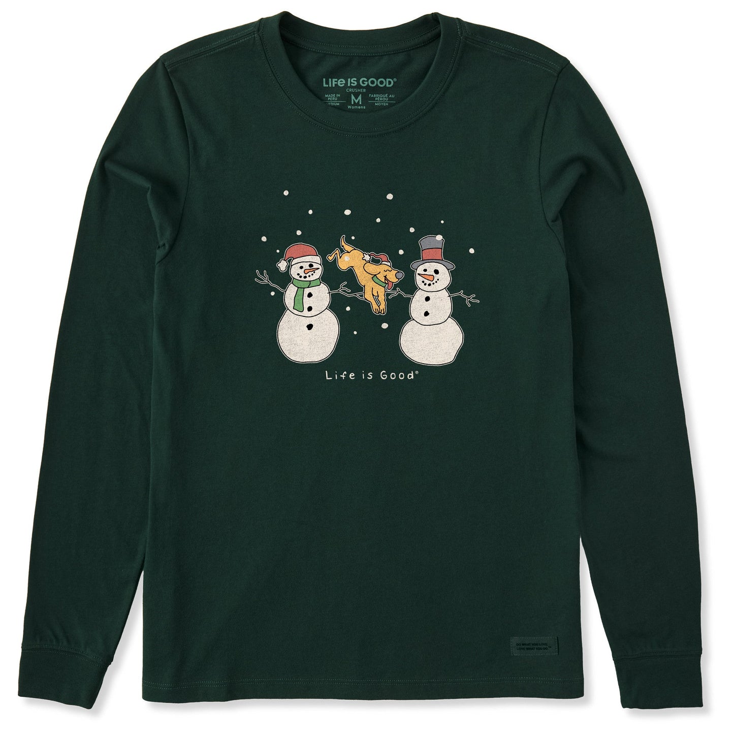 Women's Dog Jumping Snowmen Long Sleeve Crusher Tee