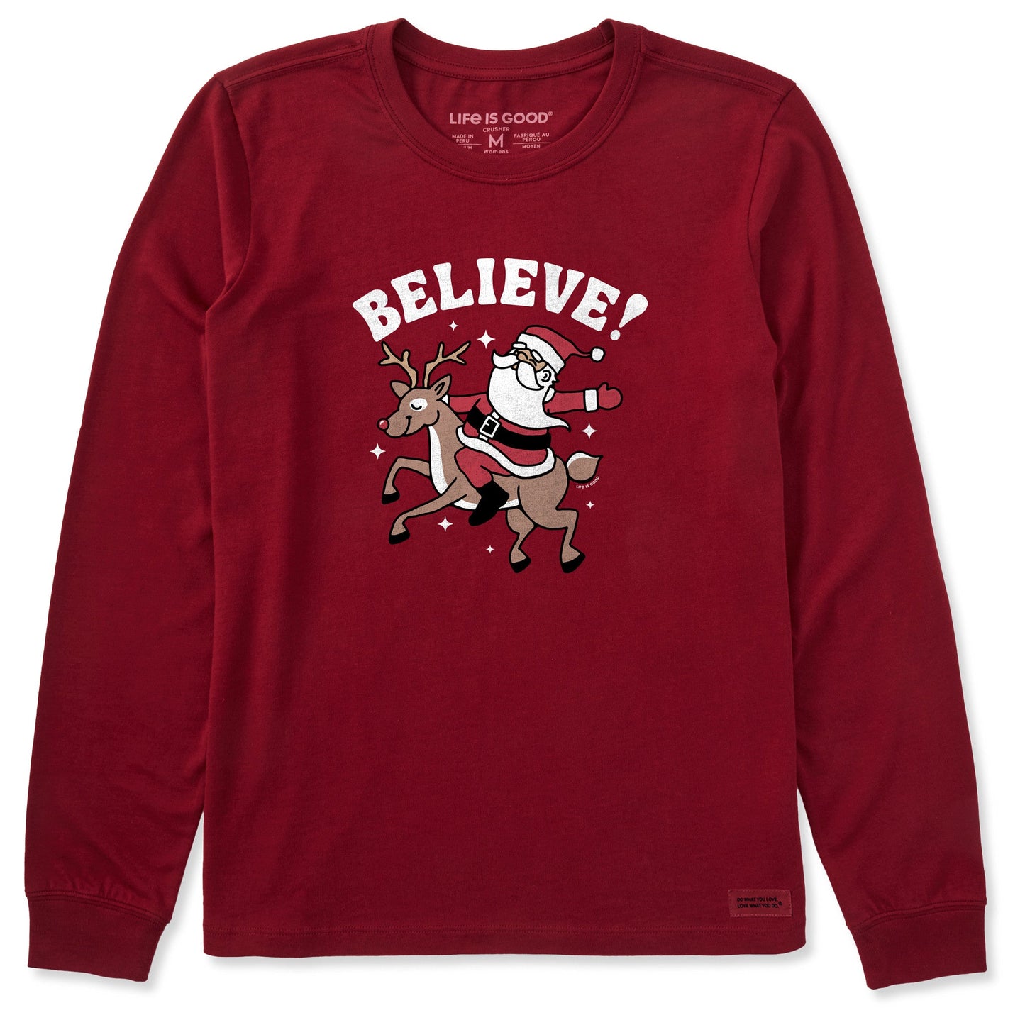Women's Believe Santa Reindeer Long Sleeve Crusher Tee