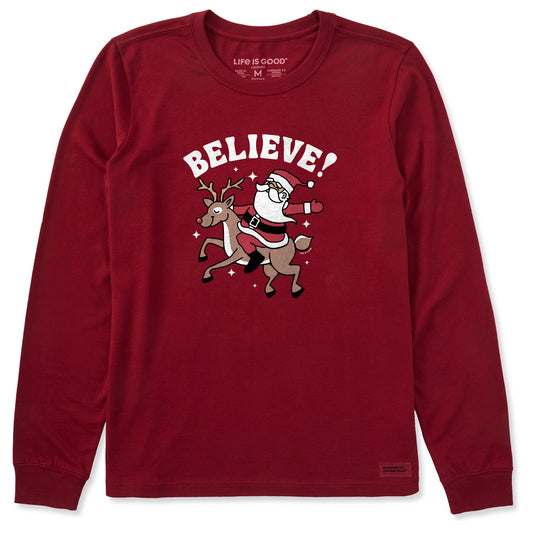 Women's Believe Santa Reindeer Long Sleeve Crusher Tee