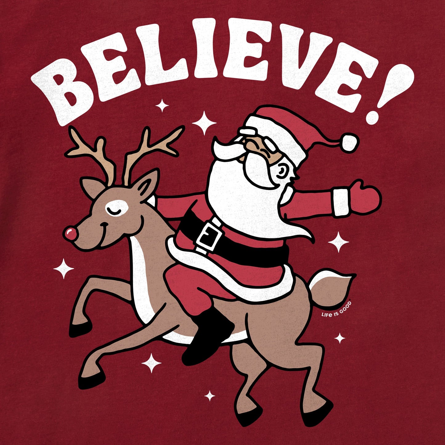 Women's Believe Santa Reindeer Long Sleeve Crusher Tee