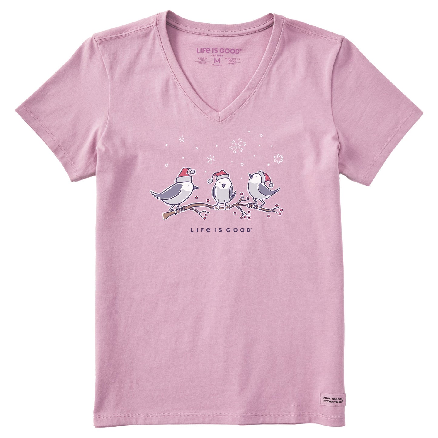 Women's Three Little Holiday Birds Short Sleeve Crusher Vee