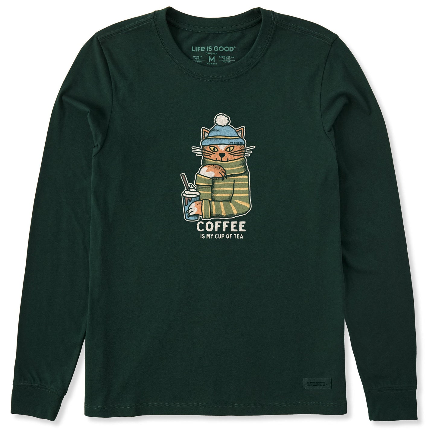 Women's Coffee Tea Cat Long Sleeve Crusher Tee