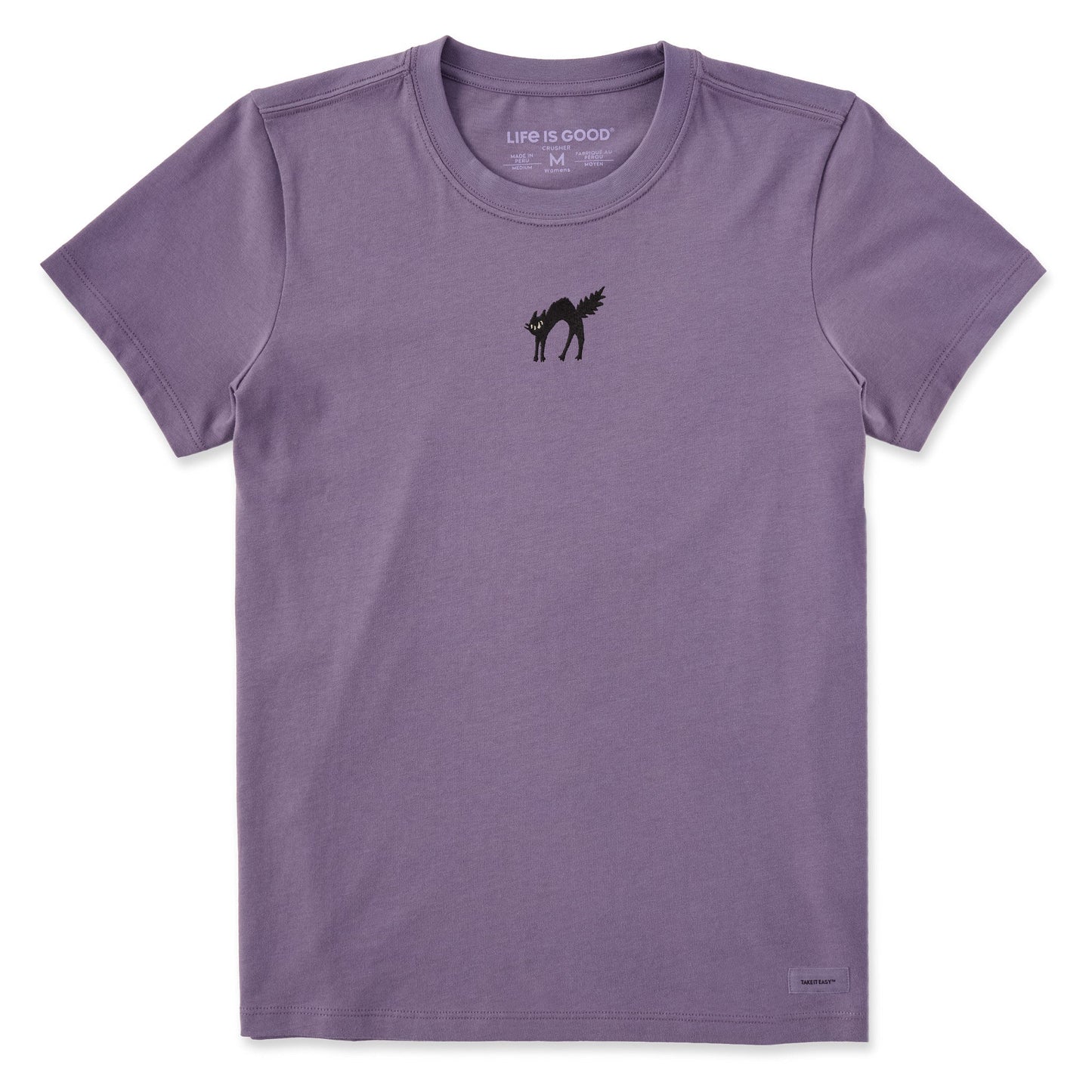 Women's Embroidered Scaredy Black Cat Short Sleeve Crusher Tee