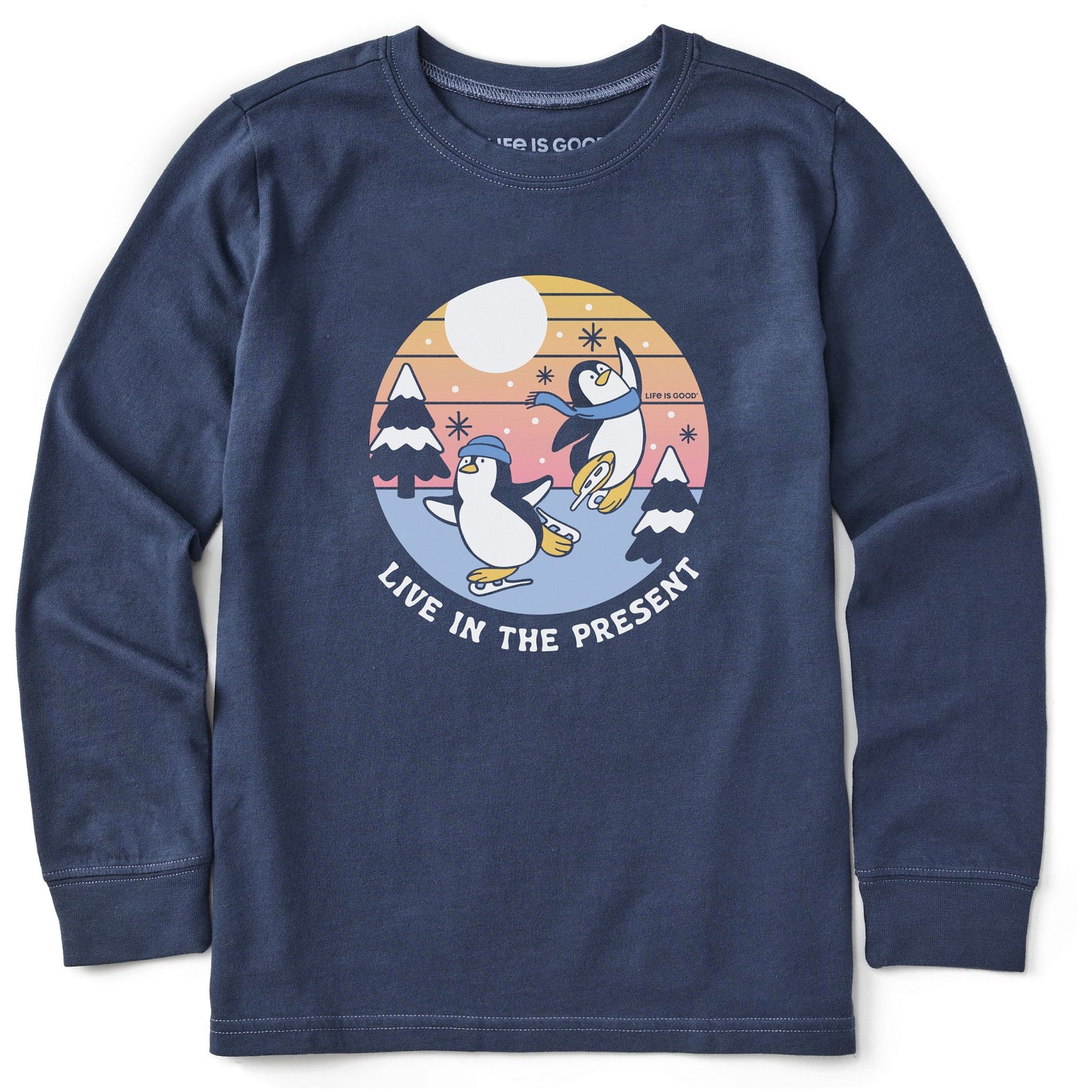 Kids Live in the Present Penguins Long Sleeve Crusher Tee