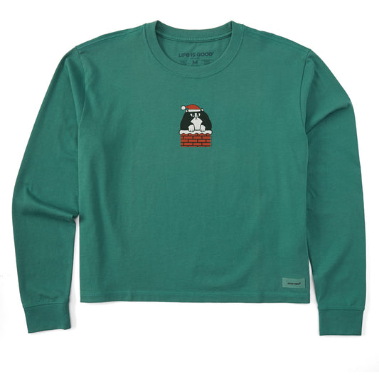 Women's Santa Cat Chimney Long Sleeve Crusher Boxy Tee
