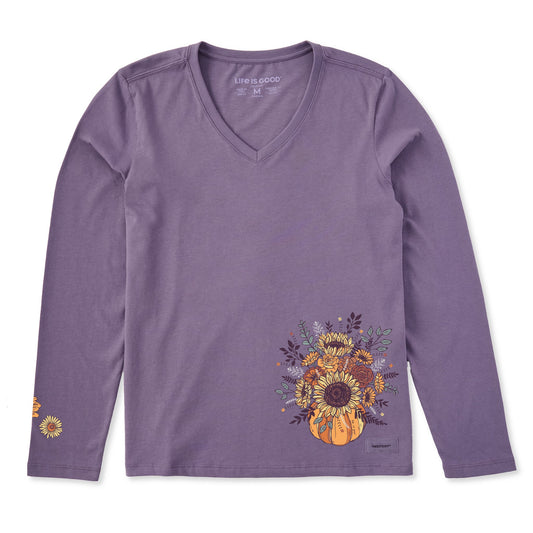 Women's Pumpkin Full of Sunflowers Long Sleeve Crusher Vee