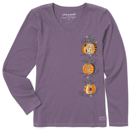 Women's Three Patchwork Pumpkins Long Sleeve Crusher Vee