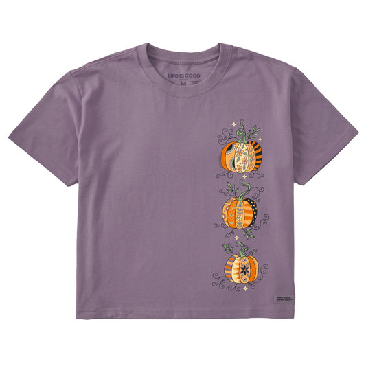 Women's Three Patchwork Pumpkins Short Sleeve Crusher Boxy Tee