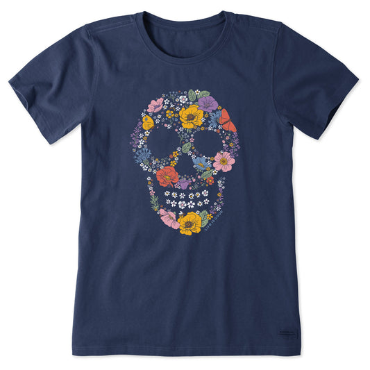 Women's Flower Collage Skull Short Sleeve Crusher Tee