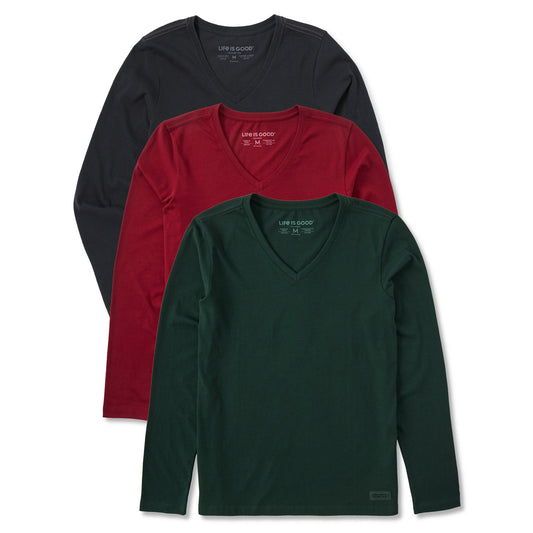 Womens Solid 3-Pack Long Sleeve Crusher Vee  Multi 3