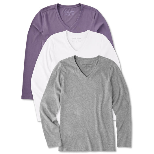 Womens Solid 3-Pack Long Sleeve Crusher Vee  Multi 4