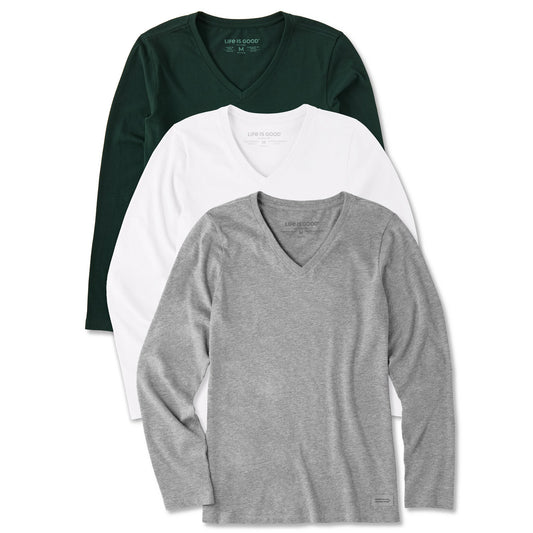 Womens Solid 3-Pack Long Sleeve Crusher Vee  Multi 6