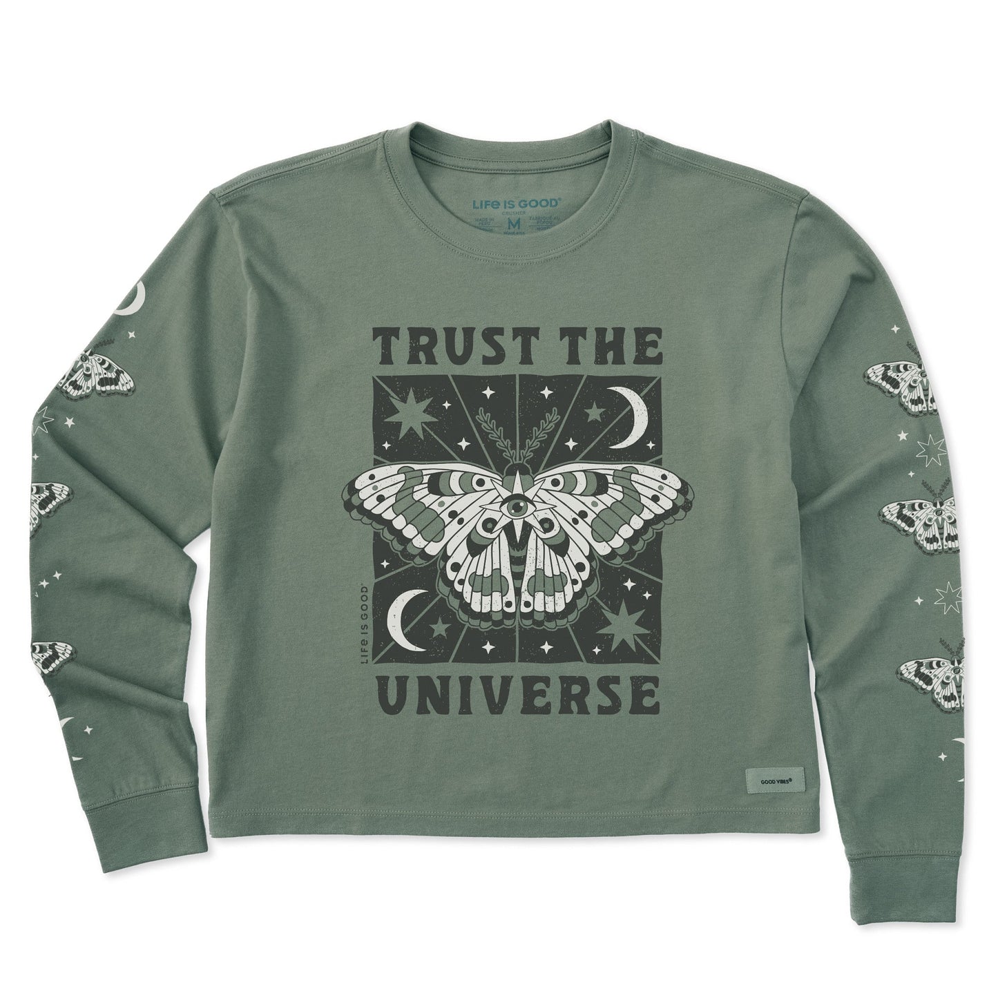 Women's Trust the Universe Moth Long Sleeve Crusher Boxy Tee