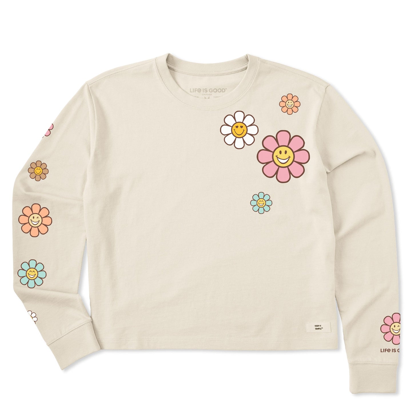 Women's Groovy Smiley Daisies Long Sleeve Crusher Boxy Tee