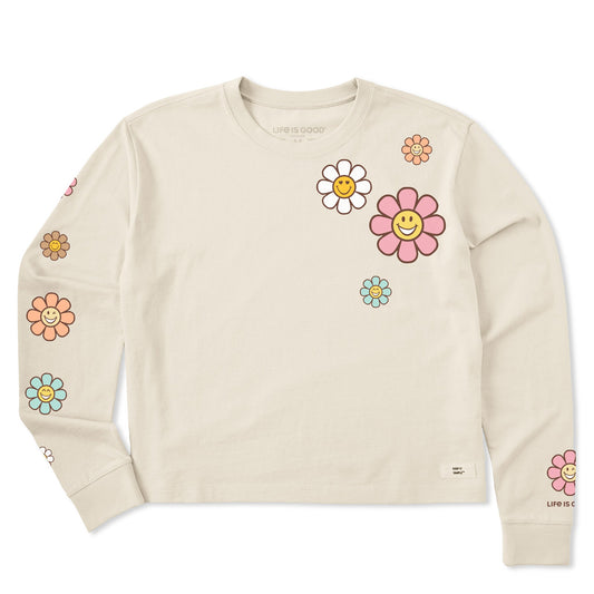 Women's Groovy Smiley Daisies Long Sleeve Crusher Boxy Tee