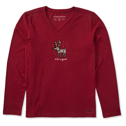 Women's Snowy Reindeer Long Sleeve Crusher Vee