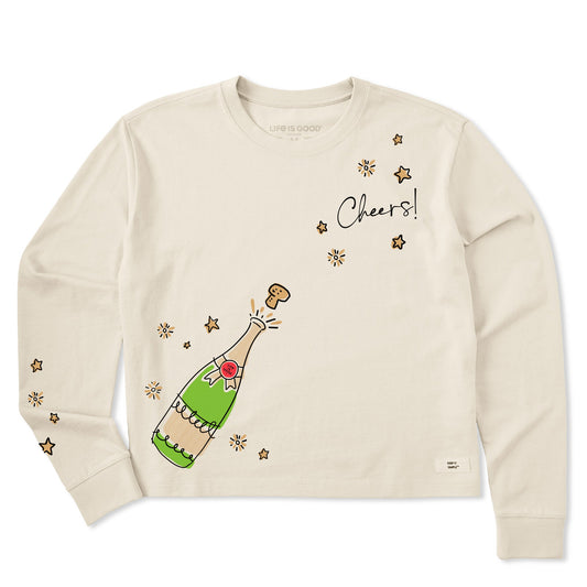 Women's Cheers Champagne Pop Long Sleeve Crusher Boxy Tee