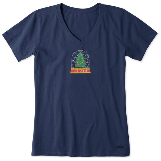 Women's Snow Globe Christmas Tree Short Sleeve Vee