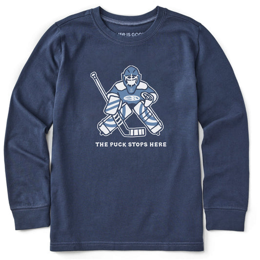 Kids The Puck Stops Here Long Sleeve Crusher Tee